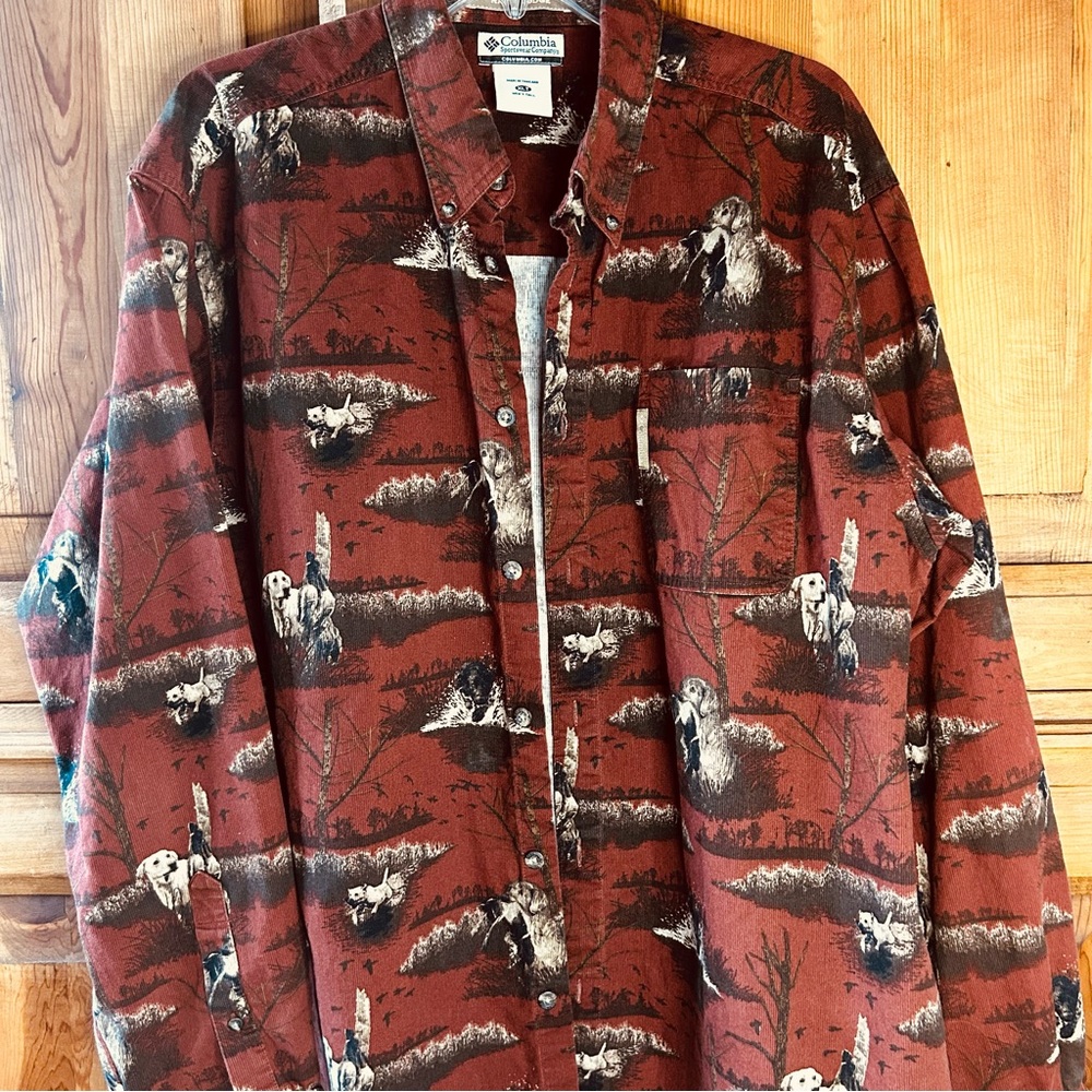 Columbia Sportswear River Lodge Rust Corduroy Shirt Duck Hunting Retrievers XLT